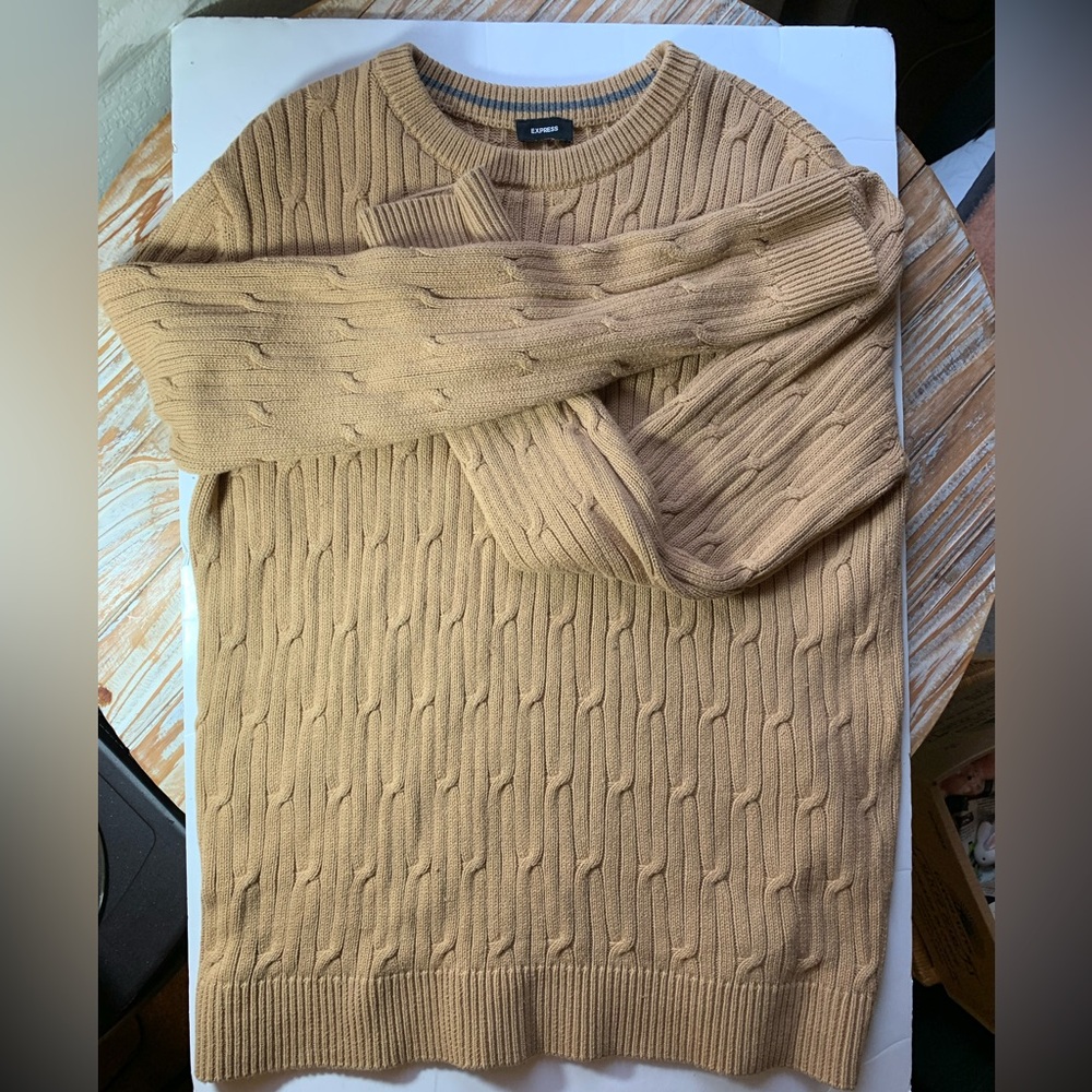 Express "Pecan" 100% Cotton Cable Knit Sweater- Men L/ Unisex XL Boyfriend S/M - Picture 5 of 7